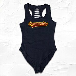 Womens Handmade Black Racerback Commander Script font bodysuit, Gameday Outfit